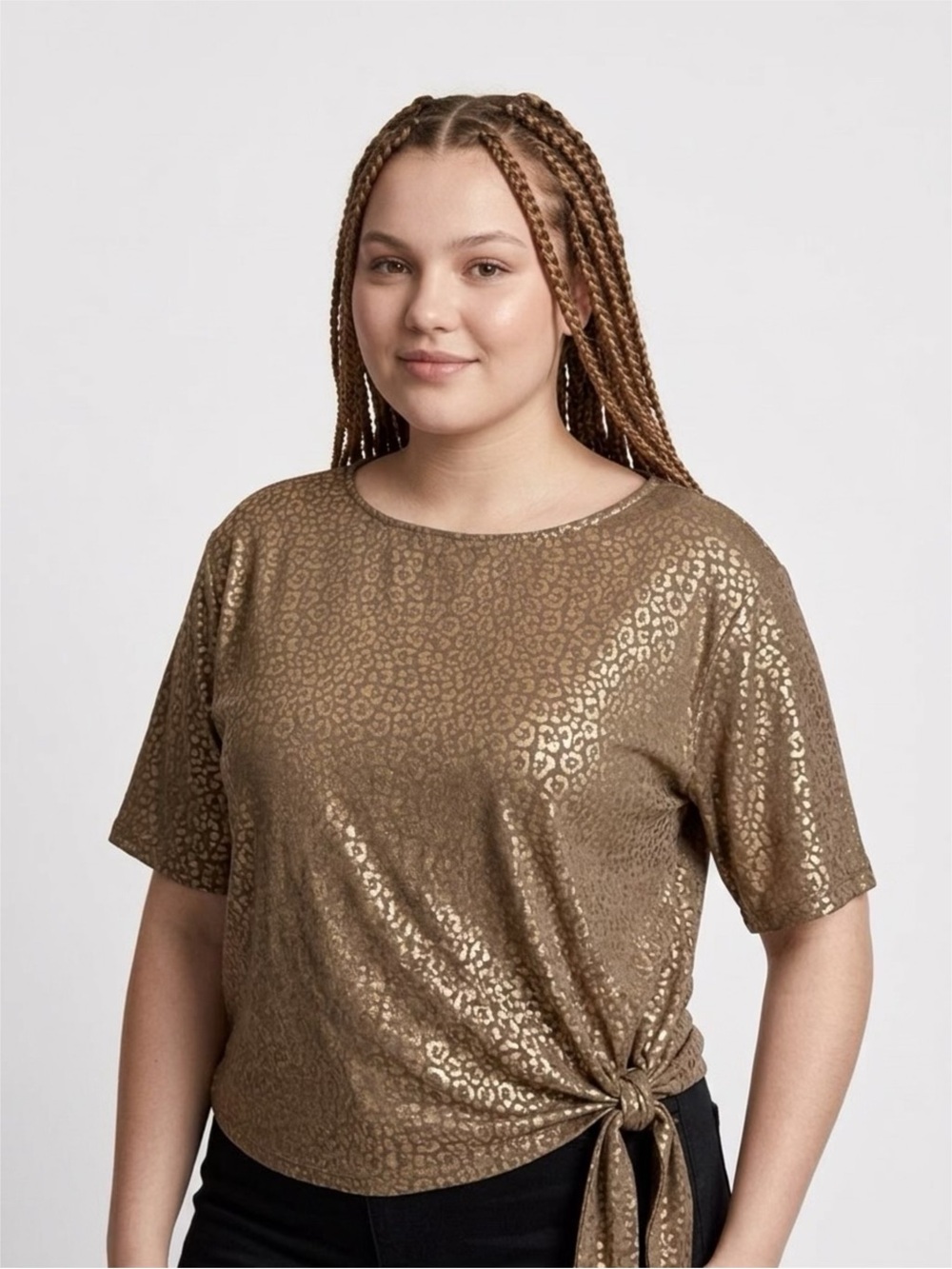 MICHAEL Michael Kors Gold Metallic Leopard Short-Sleeve Tie-Hem Top